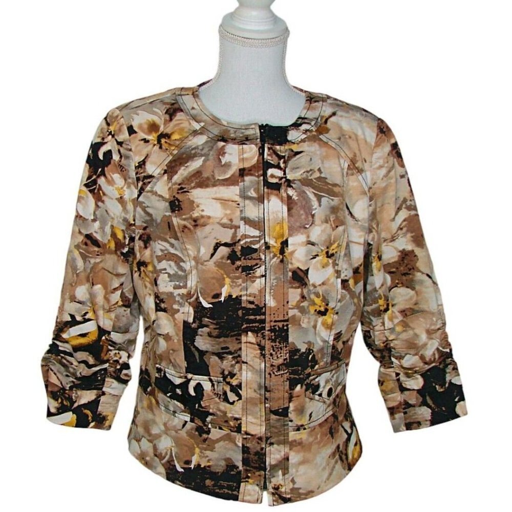 Coldwater Creek Zip Up Jacket Blazer Sz 14 Womens Brown Floral Print Long Sleeve